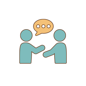 Graphic of two teal-colored people with a yellow speech bubble between them.