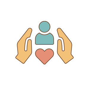 Graphic of two hands in yellow on either side of a person in teal positioned above a rust-colored heart.